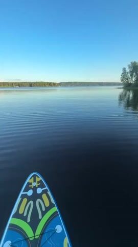 The video shows a view from a paddleboard on a calm lake. The paddleboard, decorated with a colorful pattern, is in the foreground. The lake's surface is rippled, reflecting the clear blue sky and the tree line along the distant shore. The sun is shining, casting a serene light on the scene. The camera pans slowly to the right, revealing more of the wooded shoreline. No people are visible in the video.