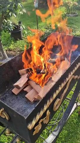 A video shows a close-up of a metal barbecue grill with a fire burning inside. The fire is made of several pieces of cut wood that are engulfed in orange flames and smoke. The grill is decorated with ornate metalwork on the sides, including what appear to be gold-colored scroll designs. The grill is positioned on a grassy area, and in the background, out-of-focus trees, plants, and a hint of a rose bush can be seen, suggesting an outdoor, possibly garden, setting. The lighting indicates it is daytime, possibly late afternoon due to the warm tones of the flames and shadows. No people are visible in the frame.