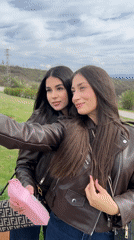 Two women take selfie near Veliko Tarnovo on cloudy day