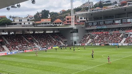 Football match day in Funchal, mascot and fans in full color