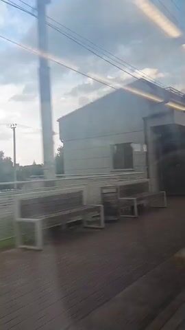 The video shows a view from a train window passing a train station. The train appears to be moving. The station has a covered platform with overhead lighting and support columns. There are benches and trash cans on the platform. A timetable or information board is visible on the station wall. Outside the station, there are trees, power lines, and buildings. The sky is cloudy.