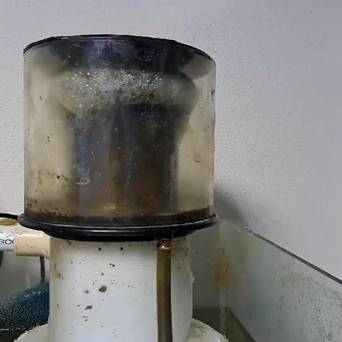 The video shows a close-up of a protein skimmer in operation within what appears to be an aquarium. The skimmer is a cylindrical device made of clear plastic with a black top rim. Inside the cylinder, a swirling vortex of bubbles and foam is visible, indicating active filtration. The exterior of the skimmer is slightly dirty, with some grime and mineral deposits clinging to the plastic. A white pipe, possibly an intake or outflow, is attached to the side of the skimmer. Below the clear cylinder, a white base unit is visible, also showing some signs of wear and grime. The skimmer is placed near the edge of a glass aquarium, and some green algae or debris can be seen on the aquarium glass. The background is a plain, light-colored wall. The lighting is adequate, allowing clear visibility of the skimmer's operation. There are no people or animals visible in the frame.