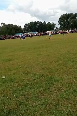 The video shows a soccer game being played on a large grass field. There are two teams of players, one in white and blue jerseys, and the other in yellow and black. Spectators are gathered on the sidelines. The sky is cloudy, and there are trees surrounding the field. One player is dribbling the soccer ball and advancing towards the goal.