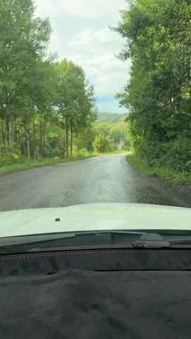 The video shows a view from inside a vehicle, looking out over a wet, paved road that curves uphill through a lush green forest. The road is bordered by trees on both sides, and in the distance, rolling hills and a body of water are visible under a cloudy sky. The windshield of the vehicle is visible in the foreground.