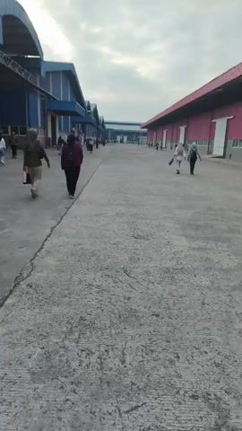 The video shows an outdoor scene with multiple people walking in a wide, paved area between two large buildings. The building on the left is blue with a curved roof and multiple open doorways or loading bays. The building on the right is pink with a similar architectural style. Several individuals, mostly wearing casual clothing and headscarves, are walking in various directions. Two individuals in the foreground are walking away from the camera. The ground is concrete with visible cracks and expansion joints. The sky is overcast. The overall impression is that of an industrial or commercial area, possibly a factory or warehouse complex, with people moving about.