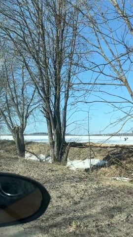 The video, taken from inside a moving vehicle, shows a rural landscape on a sunny day. A field covered in snow and brown grass is visible, with leafless trees scattered along the edge. The sky is clear and blue. The side view mirror of the vehicle is visible in the lower left corner of the frame.