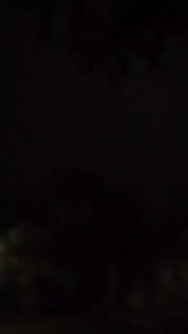 A short video shows a blurry, dark scene, likely at night. A faint purple glow appears in the sky, hinting at distant lightning or a storm. A silhouette of a building, possibly a house, is visible in the lower half of the frame. A light shines from the side of the building, illuminating a dark outdoor space. Tree branches or leaves are silhouetted against the sky in the upper portion of the frame. The video is composed of static images, suggesting it might be a time-lapse or a series of still frames.