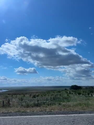 The video captures a view from a moving vehicle on a sunny day. The camera pans to the right, showing a vast expanse of blue sky with scattered white clouds. In the foreground, a paved road with white markings is visible. To the right of the road, a field with green bushes and trees stretches out. A few distant structures, possibly industrial, can be seen on the horizon. The video is primarily focused on the landscape and the sky.