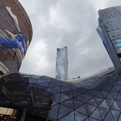 Modern Warsaw commercial district with glass dome documented