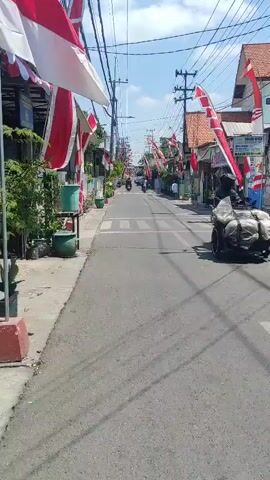 The video captures a street scene, likely in Southeast Asia given the red and white flags commonly seen during national celebrations. The road is paved and appears to be a two-lane street with a pedestrian crossing marked by white stripes. On both sides of the street, there are houses and small shops, with awnings and overhead wires visible. Red and white flags are prominently displayed, hung from poles and buildings, suggesting a festive or patriotic occasion. Several motorcycles are seen moving along the street, with one rider visible in the foreground. Green trash bins are also present on the sidewalk. The sky is blue with some clouds, and the overall lighting suggests it is daytime. The environment appears to be a residential or mixed-use area.