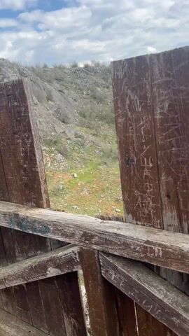 The video shows a view from what appears to be a wooden lookout point or tower. The structure has multiple wooden planks, some of which are heavily scratched and covered in carvings and graffiti, including dates and initials.  The camera then pans to showcase the view, which includes a steep, wooded valley or gorge. The landscape is predominantly covered in trees that appear leafless, possibly during late fall or early spring, with patches of rocky terrain and limited green vegetation. The sky above is overcast with clouds.