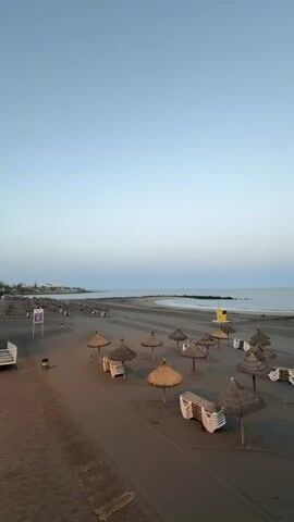 The video shows an aerial view of a sandy beach at dusk. The sky is a clear pale blue, transitioning to a lighter hue near the horizon where the calm sea meets the land. A long, narrow strip of dark sand separates the foreground from the sea. On the beach, numerous thatched umbrellas are arranged in rows, each casting a shadow. Several stacks of white lounge chairs are neatly placed near some of the umbrellas. A wooden walkway is visible in the lower left corner of the frame. In the distance, along the shoreline, there are more umbrellas and a small yellow lifeguard tower. The overall impression is of a peaceful, empty beach at the end of the day. There are no people visible in the video.