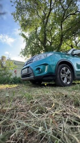 Man interacts with teal car in Montenegro grassy area