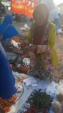 A woman wearing a hijab and a floral patterned dress is kneeling at a market stall. She is holding a small plastic bag with what appears to be dried shrimp. In front of her are piles of various vegetables, including red chilies and green peppers, as well as some small orange fruits on a wooden stand. Behind her, another person wearing a blue hijab is seated at a stall with more orange fruits. A banner with red and white text is visible in the background. The scene appears to be an outdoor market with other people and stalls present.