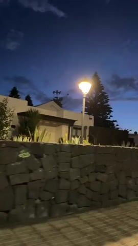 The video captures a tranquil residential street scene at dusk in Yaiza, Spain. The sky transitions from a deep blue at the top to soft pink and orange hues near the horizon, indicative of either sunset or very early twilight. Streetlights are illuminated, casting a warm glow on the surroundings.

The camera initially faces forward, showing a prominent streetlight with a bright yellow lamp and a tall, dark evergreen tree (possibly a pine) behind it. To the left, a building with a white facade and a dark roofline is partially visible, behind a low stone wall. The video then pans to the right, revealing more of the street and the developing twilight sky.

Along the right side of the street, another streetlight stands tall, illuminating the path ahead. Several palm trees are silhouetted against the colorful sky in the distance. A textured stone wall runs along the left side of the road, separating it from the buildings and landscaping. The road itself appears paved, with a brick-patterned sidewalk or curb area next to the stone wall. No people or vehicles are visible, contributing to a calm and peaceful atmosphere.