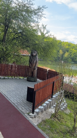 Wooden bear statue overlooks scenic lake in Sovata, Romania