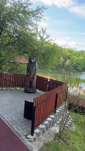 Wooden bear statue overlooks scenic lake in Sovata, Romania
