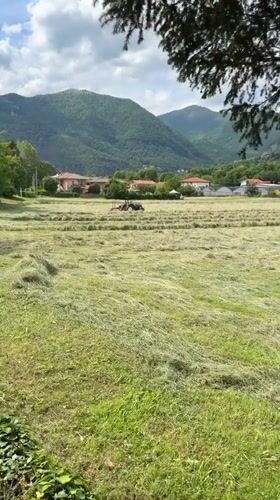 Child watches hay raking from stroller in Italian countryside
