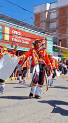 Traditional festival parade with costumed dancers in Cuzco, Peru
