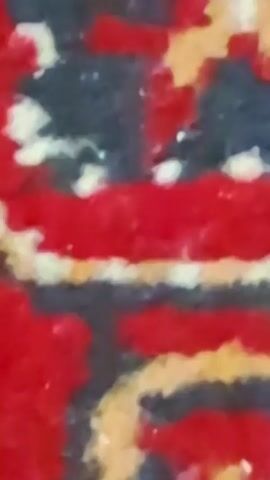 The video shows a close-up, shaky view of a red rug with a colorful, geometric pattern. The pattern consists of red, black, white, and yellow elements. The focus shifts and blurs throughout the short clip, making it difficult to discern specific details of the pattern or the rug's texture. There are no people or discernible objects other than the rug itself.