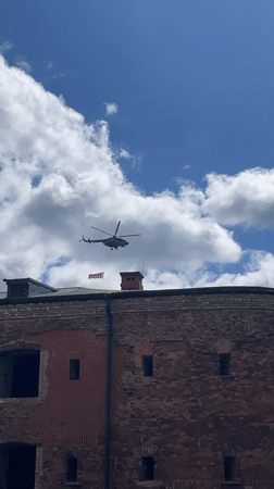 Helicopter carries red banner over Brest, Belarus
