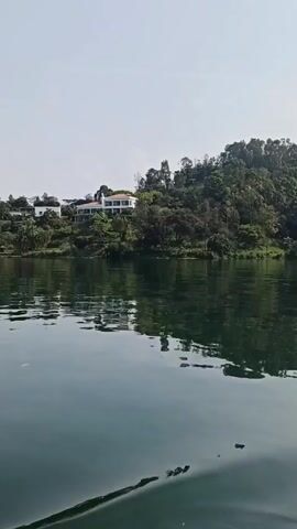 The video shows a view of a lake from a moving boat, with the opposite shore visible in the distance. The water is calm and reflects the trees and buildings on the shore. There are a few houses on the shore, including one that appears to be large with a red roof. The shore is covered in lush green trees and vegetation. The sky is bright and clear.