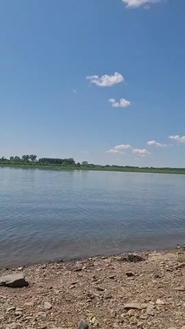 The video shows a wide river under a clear blue sky with a few scattered clouds. The foreground is a rocky shoreline. The water appears calm with gentle ripples. On the opposite bank, there is a line of trees and green vegetation. The overall scene depicts a natural, outdoor environment on a sunny day.