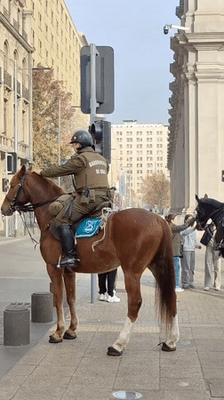 Mounted police patrol Santiago near presidential palace during evening hours