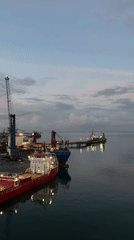 Port facility with cargo ships observed at dusk