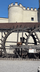 Historical castle, water wheel, monuments documented by witnesses