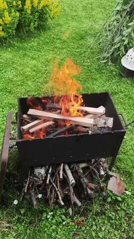 This media file shows a close-up, eye-level shot of a bonfire in a metal grill. The grill is filled with several pieces of light-colored wood, which are actively burning with bright orange and yellow flames. Below the grill, a pile of thicker, darker logs and branches serves as a base for the fire. The surrounding area is covered in vibrant green grass, dotted with a few small white flowers, suggesting an outdoor setting, possibly a garden or park. In the background, a bush with yellow flowers is visible, adding to the natural scenery. The lighting indicates it's daytime, likely a sunny day due to the brightness of the flames and the green of the grass. There is no visible text in this media file. The overall impression is one of a warm, natural, and possibly tranquil scene, with the focus solely on the dynamic and captivating fire.