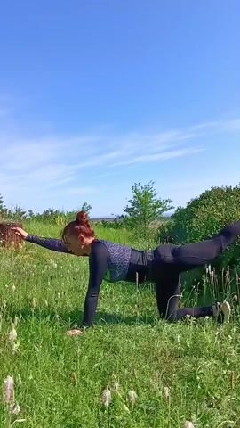 In a grassy field under a bright blue sky with scattered white clouds, a woman is performing a yoga pose. She is on her hands and knees, with her left leg extended straight back and parallel to the ground. Her arms are extended forward, with her right arm reaching out and her left arm supporting her body. She is wearing a black and grey long-sleeved athletic top and black leggings. Her hair is pulled back in a bun. The field is covered in green grass and small white flowers. In the background, there are trees and bushes. The sun is shining, suggesting it is daytime. The overall scene is serene and peaceful, with the woman focused on her exercise in a natural outdoor setting.