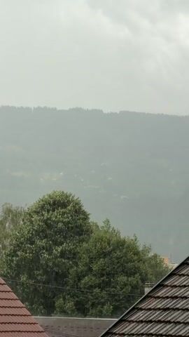 This media file captures a view of a hillside landscape under heavy rain. The foreground is dominated by the tiled roofs of houses, suggesting a residential or semi-rural setting. Behind the roofs, lush green trees are visible, their foliage appearing wet and somewhat blurred due to the downpour.

The middle ground reveals a hazy view of a valley or more distant hills, partially obscured by the rain and mist. Small settlements or scattered houses can be discerned within this landscape, blending into the muted greens and grays. The furthest background features a dense line of trees forming a dark silhouette against the overcast sky.

The weather is clearly a significant element, with the rain creating a washed-out, atmospheric effect. The sky is a uniform, dull gray, indicative of a cloudy or stormy day, likely afternoon or evening given the diffused light. The overall mood is one of tranquility and a touch of melancholy, common with rainy weather. No people or specific objects are clearly identifiable beyond the natural elements and man-made structures.

The location is identified as Cluses, France. The time of day is not explicitly stated but can be inferred as being during daylight hours, though the heavy cloud cover significantly reduces direct sunlight.