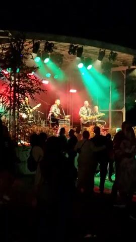 A band performs on a stage at night, with colored lights illuminating the scene. A crowd of people is gathered in front of the stage, some dancing, some watching the performance. The atmosphere appears festive and energetic.