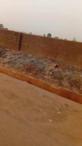 The camera is mounted on a vehicle moving along a road beside a wall. The wall is made of brown blocks and borders a vacant lot covered with dry grass and debris. The road is brown, and the sky is overcast. There is also a telephone pole visible in the frame.