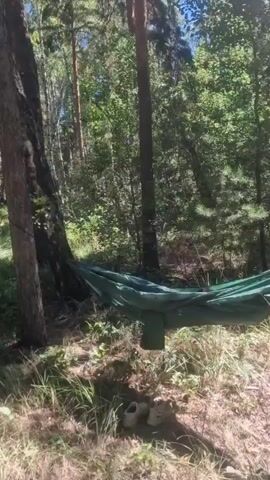 A green hammock is suspended between two trees in a forest. The hammock is empty. There are shoes on the ground beneath the hammock. Sunlight filters through the trees, and there are some lens flares visible in the video. The environment is a natural forest setting with deciduous and coniferous trees. The ground is covered in dry grass and leaves. The video appears to be a short, static shot.