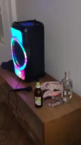 The video shows a wooden cabinet with a black karaoke speaker, a microphone, a beer bottle, an empty liquor bottle, a pair of slippers, and a dog collar on top of it. The speaker has LED lights that are changing colors. Music is playing in the background.