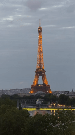 Eiffel Tower glows golden against cloudy Paris evening sky