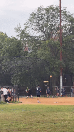 Pickup baseball game on a tree-lined New York park field.