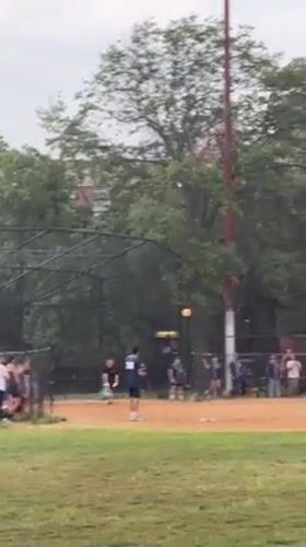 Pickup baseball game on a tree-lined New York park field.