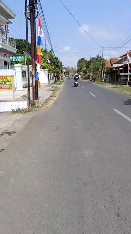 The video is a first-person perspective recording of a street view. The camera is moving along a paved road, likely on a motorcycle or bicycle, indicated by the slightly shaky footage and the speed of the passing scenery. The weather appears to be clear and sunny with a blue sky. 

On the left side of the road, there is a sidewalk, a white pole with colorful flags (red, yellow, blue, and white), a white building, and lush green vegetation including banana trees. Further down the left side, there is a white wall with decorative fencing, a black gate with horizontal bars, and another white building with a second story balcony. More trees and vegetation line the rest of the left side, with some overgrown plants near the road.

On the right side of the road, there are houses with tiled roofs and some businesses. There are also utility poles and overhead wires visible throughout the scene. Several Indonesian flags are displayed on poles along the roadside, suggesting a national holiday or event. A few motorcycles are visible on the road, with one in the foreground moving away from the camera and another further in the distance. The road appears to be a rural or suburban street.