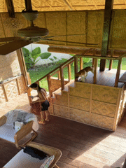 Evening activity captured inside bamboo structure in Santa Monica