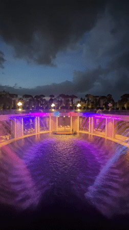 Evening light show at illuminated park complex in Krasnodar