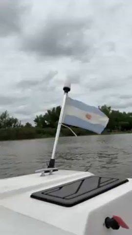Here's a description of the video:

The video shows a boat moving along a river. An Argentinian flag is mounted on the back of the boat, flapping in the wind. The river banks are lined with trees and vegetation. The sky is overcast and grey. The boat is white with a black panel. The water is slightly choppy.