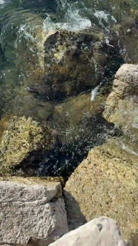The video shows clear, turquoise-colored water washing over rocks along a coastline. The camera starts with a close-up view of the water swirling around and between the rocks, with some small white bubbles visible. The camera then pans upwards to show more of the ocean surface and the horizon. In the distance, some buildings are visible along the coast. The water is gently rippling, and the overall scene is bright and sunny.
