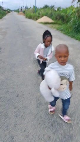 A video shows two young children standing on a paved path outdoors. The child in the foreground, wearing a gray and white striped shirt, blue jeans, and pink sandals, holds a light gray stuffed animal. The child in the background, wearing a gray and white top with a pink furry trim, black pants, and dark clogs, leans towards the child in the foreground, touching the stuffed animal. Green foliage is visible on the left side of the frame, and the sky appears overcast. The video appears to be filmed from a low angle and is oriented sideways.