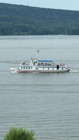 A white passenger boat with a red stripe along its hull travels from left to right across a wide, calm body of water. The boat has a white superstructure with windows and a blue awning covering the upper deck, where several passengers are seated. A Russian flag flies from a mast at the front of the superstructure. Behind the boat, a densely forested hillside rises from the water's edge. In the foreground, two tall, slender utility poles stand vertically, obscuring parts of the boat and the distant hillside. The sky is overcast.
