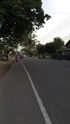 The video shows a road with light traffic. Several motorcycles and cars are driving on the road in both directions. The road has a white line dividing the lanes. There are trees lining the side of the road, and power lines are visible overhead. The sky is overcast.