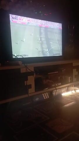 Here's a forensic description of the video:

The video shows a TV screen displaying a soccer video game. The game is in progress, with the score visible as FCB 3-0.  Several players are on the screen within the game. The TV is sitting on a shelf. Below the shelf are several boxes from brands like New Balance and Adidas, along with other miscellaneous items. The room appears dimly lit. The camera zooms in on the TV screen at the end of the video.