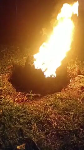 A fire burns in a hole in the ground. Flames engulf the center of the frame, reaching upwards and outwards. Smoke rises from the fire and dissipates into the dark background. The ground around the hole is covered in grass and some dry leaves. The lighting is dim, with the fire providing the primary illumination.